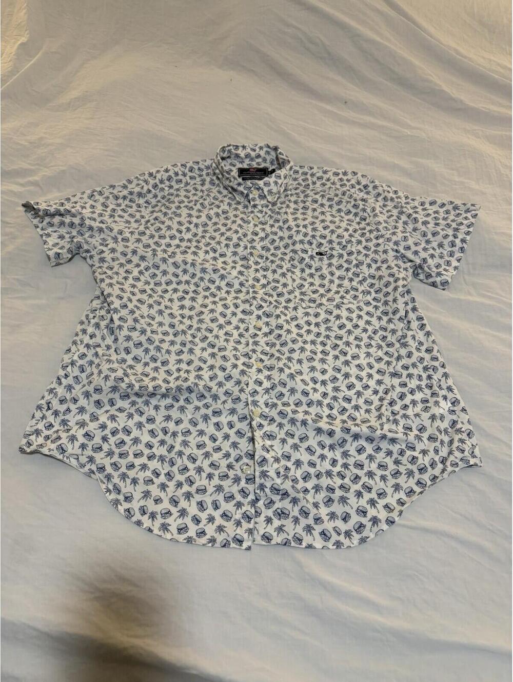 Vineyard Vines Tucker Shirt Mens XL White Blue Burger Palm Tree Print 199